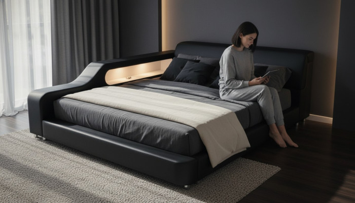 Ontwerpbed XXL Grote bedden Lederen bekleding Hotel 200x200cm Multifunctioneel rek USB