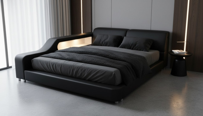 Ontwerpbed XXL Grote bedden Lederen bekleding Hotel 200x200cm Multifunctioneel rek USB