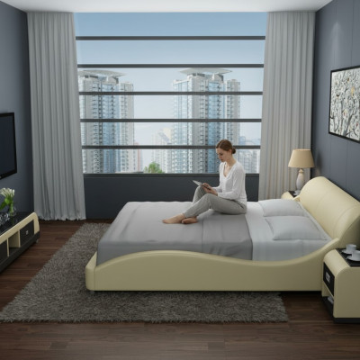 Ontwerp Gevoerde Tweepersoons Bed Moderne Bedden Slaapkamer met USB & Plank 200x210 cm