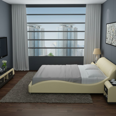 Ontwerp Gevoerde Tweepersoons Bed Moderne Bedden Slaapkamer met USB & Plank 200x210 cm