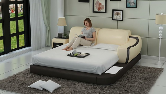 Ontwerpbed XXL Groot Bed Hotel Beklede 200x200 Multifunctionele Plank USB Leer