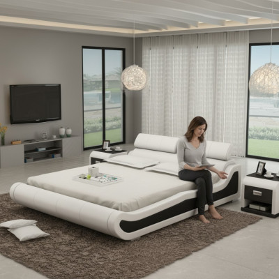 Luxe leren bed met USB-beklede bedden Dubbel Modern Huwelijk 140/160/180 cm