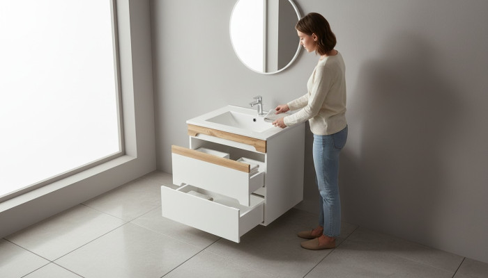 Wastafel, wastafel, onderkast, keramische kom, badkamer.