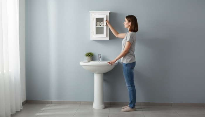 Badkamer badmeubelen plank kast lichte kasten apotheken hout