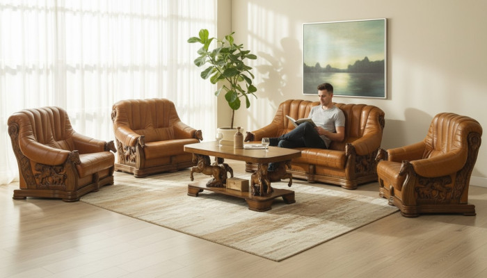 Woonkamer bankstel bank zitbank bankstel leer hout 3+2 set meubilair nieuw   Woonkamer bankstel bank zitbank bankstel leer hout 3+2 set meubilair nieuw