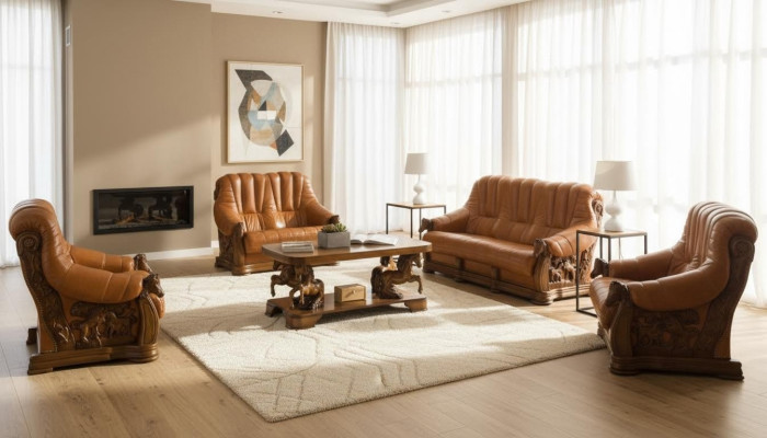 Woonkamer bankstel bank zitbank bankstel leer hout 3+2 set meubilair nieuw   Woonkamer bankstel bank zitbank bankstel leer hout 3+2 set meubilair nieuw