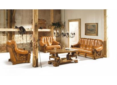 Klassieke driezitsbank, gestoffeerde bank 100% echt leer hout (zonder 2+1) Nieuw.