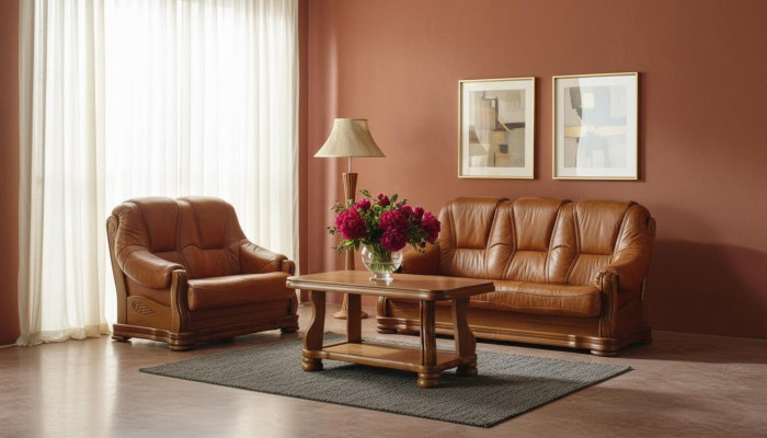 Woonkamer bankstel bank bekleding bank 100% echt leer hout 3+1 - Woonkamer bankstel bank bekleding bank 100% echt leer hout 3+1