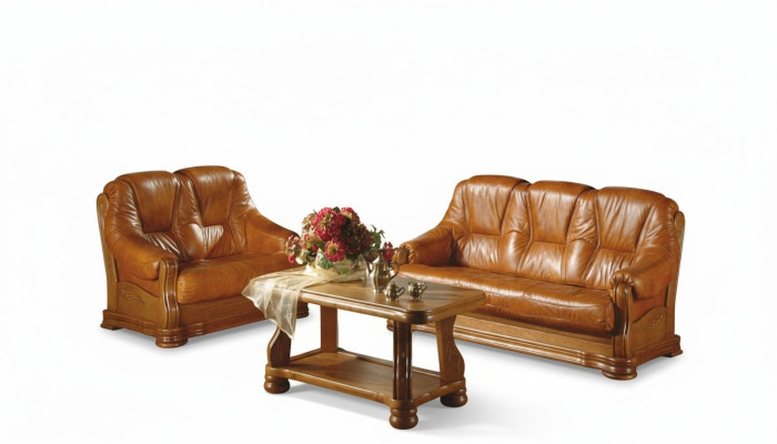 Woonkamer bankstel bank bekleding bank 100% echt leer hout 3+1 - Woonkamer bankstel bank bekleding bank 100% echt leer hout 3+1