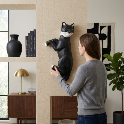 Decoratie tuin plastic figuren handgeschilderde figuur standbeeld kat hangend 60cm