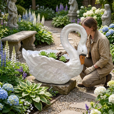 Zwaan decoratief standbeeld tuinfiguren standbeelden 54 cm levensgrote figuur kunststof