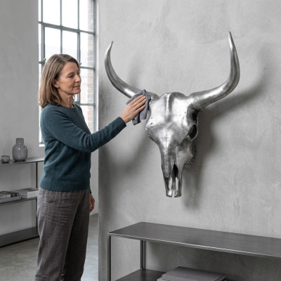 Zilveren stierenkop wandsculptuur hoogte 60 cm decoratief figuur wand