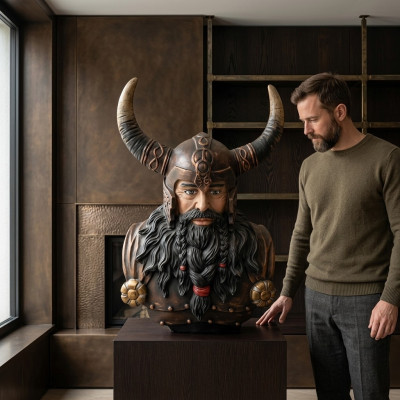 Borstbeeld van een krijger in een helm 70cm hoorns standbeeld Viking standbeelden figuren