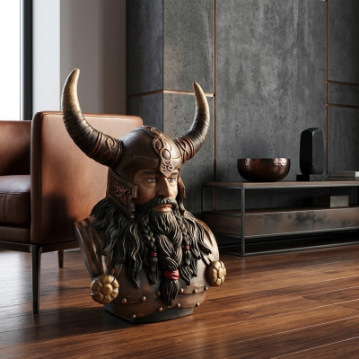 Borstbeeld van een krijger in een helm 70cm hoorns standbeeld Viking standbeelden figuren