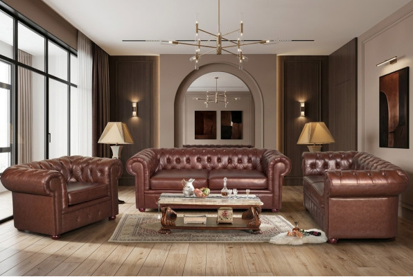 Klassieke bruine leren Chesterfield bankstel met gestoffeerde zitting 3-zits.