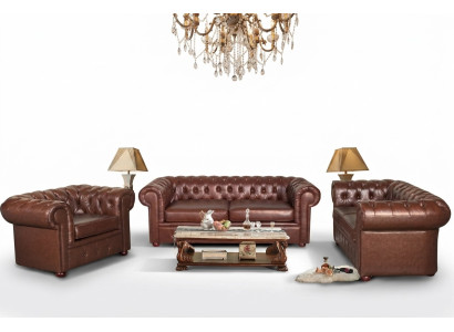 Klassieke bruine leren Chesterfield bankstel met gestoffeerde zitting 3-zits.