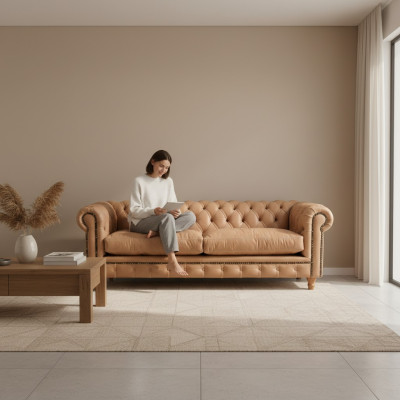 Ontwerp Leren Bankstel - Chesterfield Gestoffeerde Driepersoonsbank 220cm