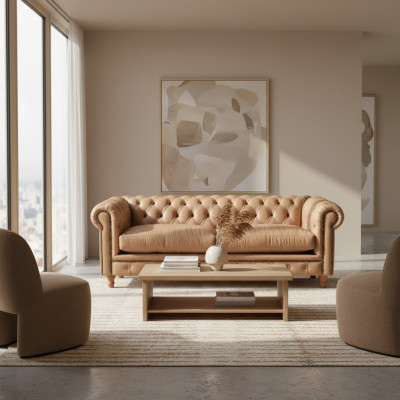 Ontwerp Leren Bankstel - Chesterfield Gestoffeerde Driepersoonsbank 220cm