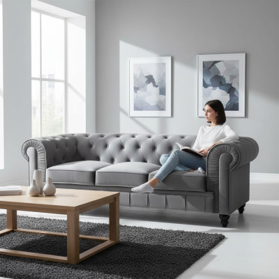 Chesterfield Sofa Bank Bekleding Stof Leer Banken Bekleding Set 3-zitter