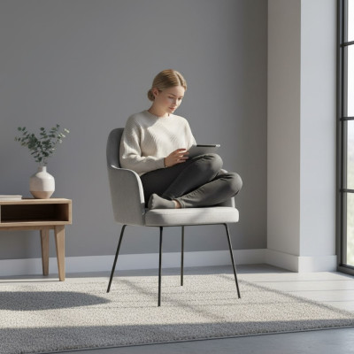 Ontwerpstoel, zitpraktijk eetkamerstoelen, stoftextiel gestoffeerde wachtkantoor.