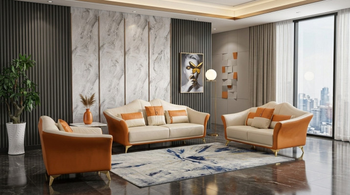 Bankstel met gestoffeerde leren bankstoel compleet set moderne suite 3+2 zits