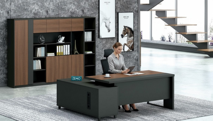 Ontwerp hoekbureau dossierkast kantoorinrichting directiekamer meubilair 2-delige set.