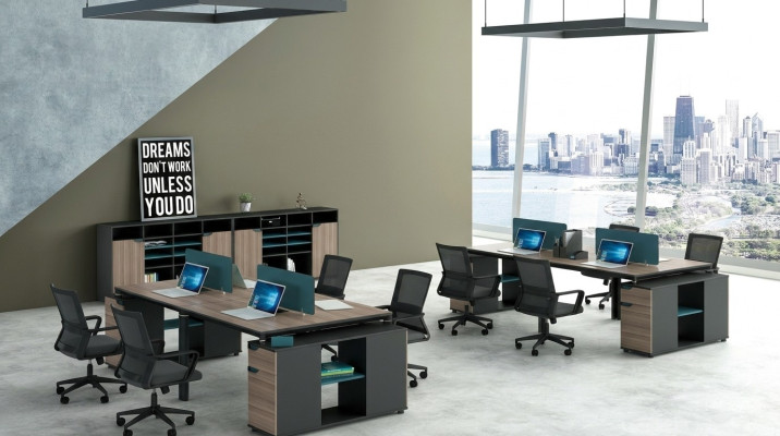 Kantoor meubilair Inrichting Tafels Tafel Callcenter Hout 4 werkplekken Bureau