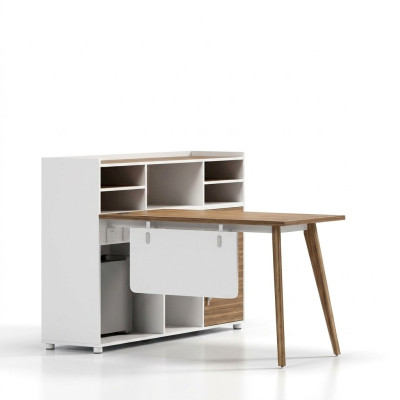 Luxe houten kantoortafel in modern design en lichte kleuren.