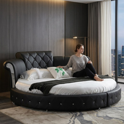 Luxueus Chesterfield bed ontwerp Ronde bekleding Klassiek rond bed Leer Fluweel