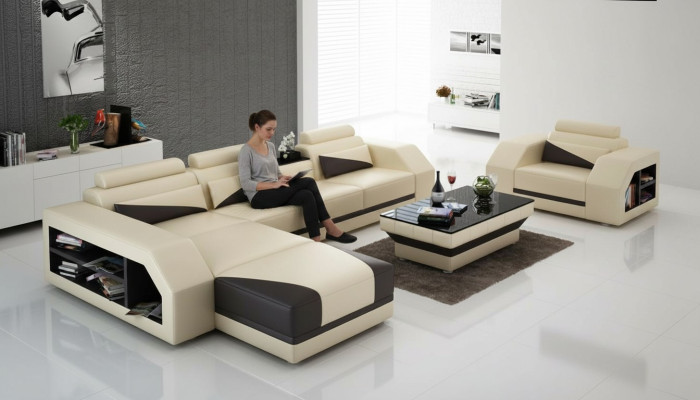 Leren bank woonlandschap hoekbank L-vorm met fauteuil set stel modern