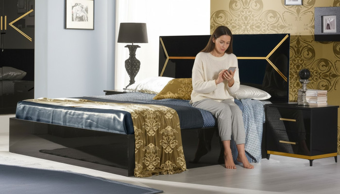 Klassieke slaapkamer set Bed 2x Nachtkastje Commode 3-delige set Bedden Zwart