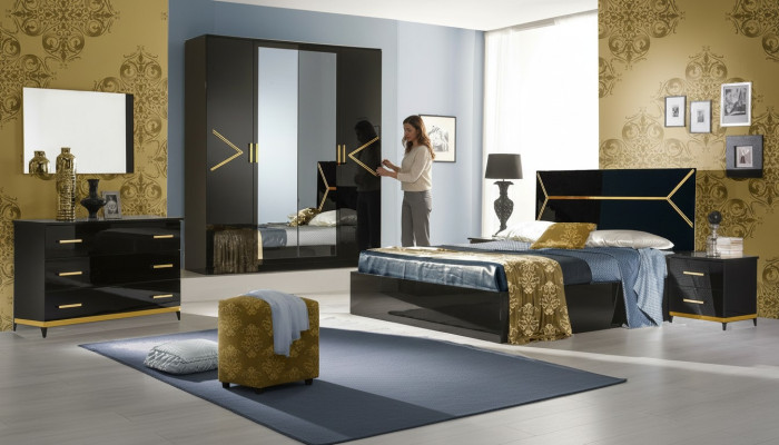 Klassieke slaapkamer set in luxueuze moderne stijl, bed met 6-delige houten commode.