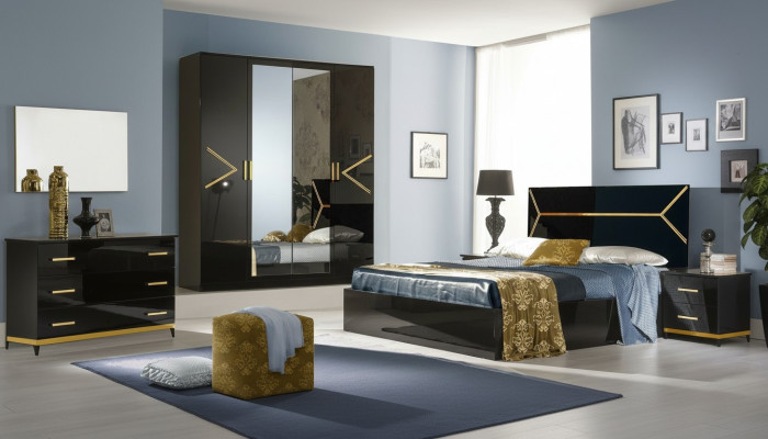 Klassieke slaapkamer set in luxueuze moderne stijl, bed met 6-delige houten commode.