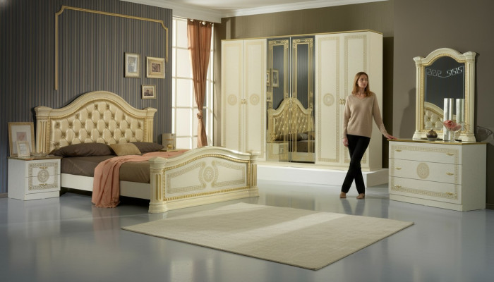 Slaapkamer Chesterfield lederen bed 6-delige design meubel set nachtkastje ladekast