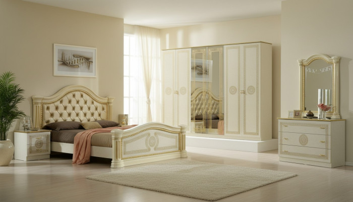 Slaapkamer Chesterfield lederen bed 6-delige design meubel set nachtkastje ladekast