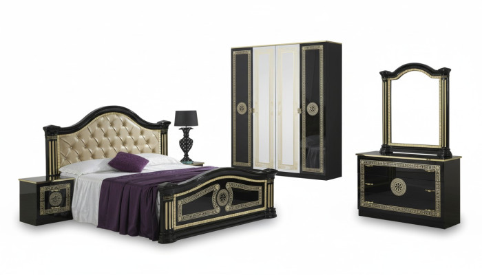 Slaapkamerset in moderne stijl, inclusief bed, nachtkastje, commode en bedmeubelen. 6-delige set, nieuw.