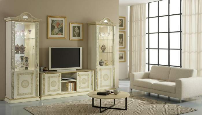 Klassieke woonkamer wandkast dressoir 2x vitrine dressoir laag dressoir