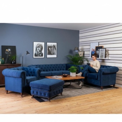 Sofaset 3+1-zits bankstellen Bank Bekleding Blauw stel Klassieke banken