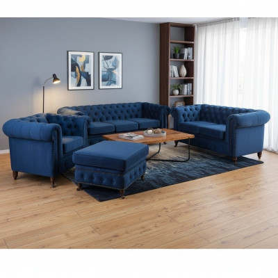 Sofaset 3+1-zits bankstellen Bank Bekleding Blauw stel Klassieke banken