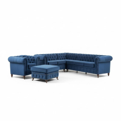 Sofaset 3+1-zits bankstellen Bank Bekleding Blauw stel Klassieke banken