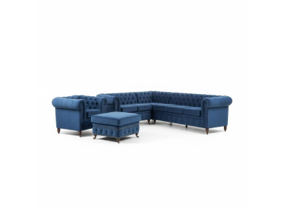 Sofaset 3+1-zits bankstellen Bank Bekleding Blauw stel Klassieke banken