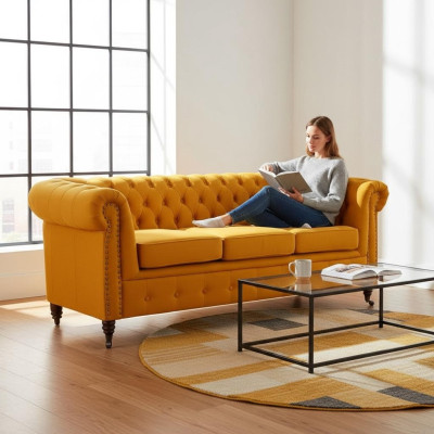 Klassieke Chesterfield meubels Driezitsbank Stoffen bankstel Luxe design Oranje