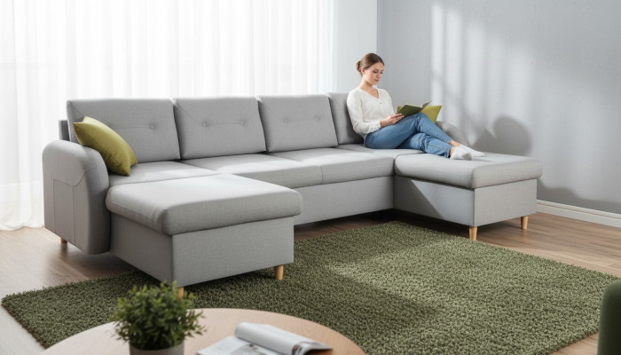 Woonlandschap hoekbank stof U-vorm slaapfunctie bank design decoratie bekleding