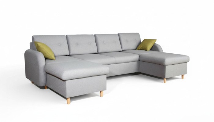 Woonlandschap hoekbank stof U-vorm slaapfunctie bank design decoratie bekleding
