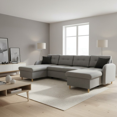 Woonlandschap hoekbank stof U-vorm slaapfunctie bank decor ontwerp bekleding.