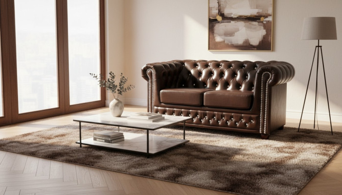 Klassieke Chesterfield tweezitsbank van textiel sofa in bruin ontwerp.