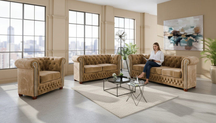 Ontwerpbank 3-zits Chesterfield stoffen bank gestoffeerde banken textielbanken nieuw