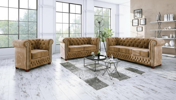 Klassieke Chesterfield tweezitsbank van hoogwaardige kwaliteit, textielbank in bruin design.