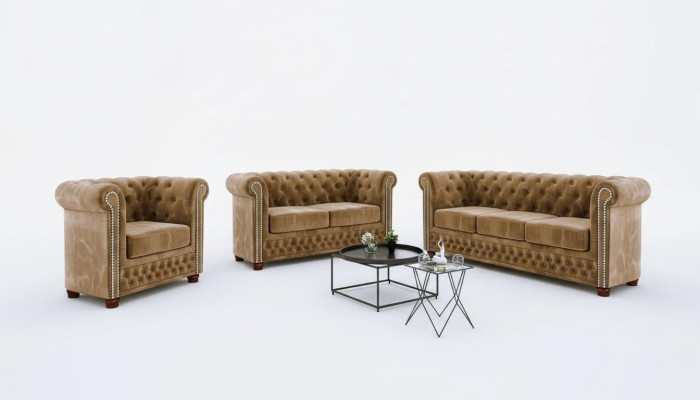 Klassieke Chesterfield tweezitsbank van hoogwaardige kwaliteit, textielbank in bruin design.