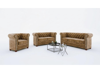 Klassieke Chesterfield tweezitsbank van hoogwaardige kwaliteit, textielbank in bruin design.